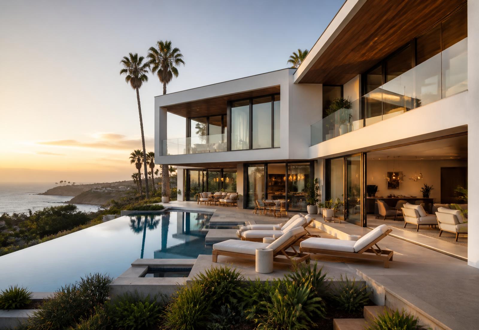 Modern Southern California coastal home at golden hour with an infinity pool overlooking the ocean