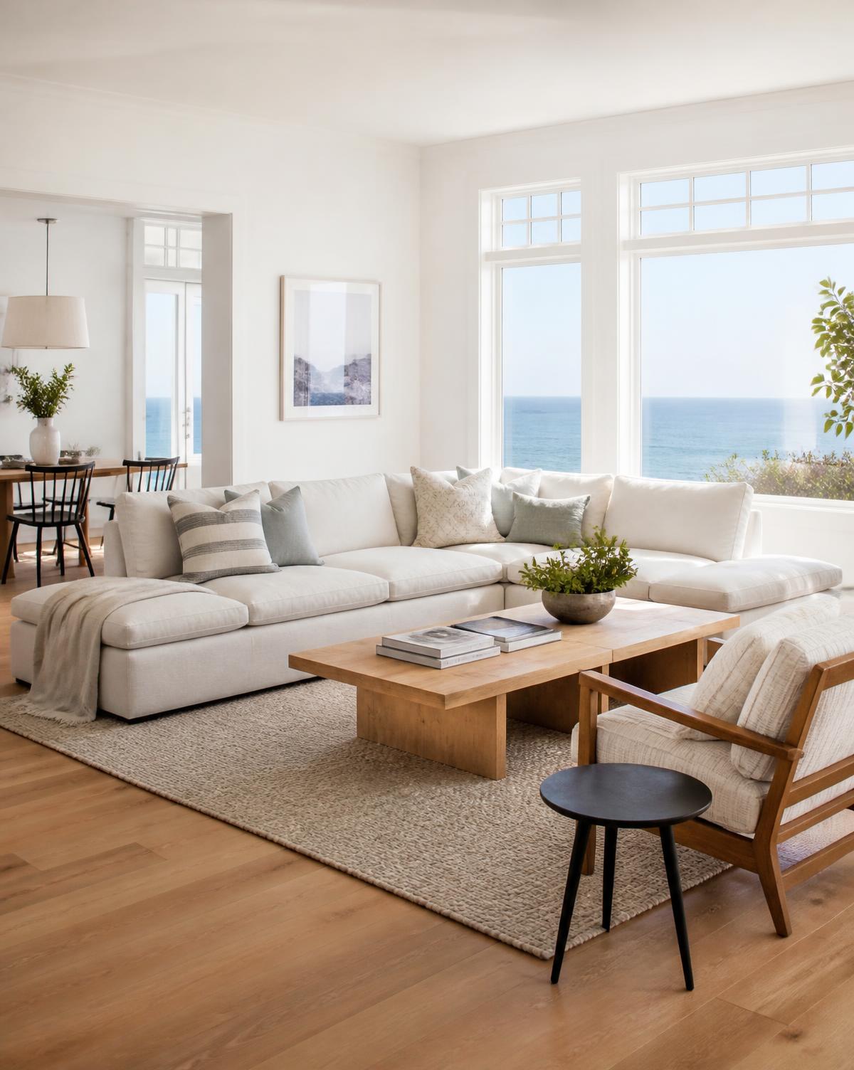 Bright coastal living room with linen sofa and ocean views